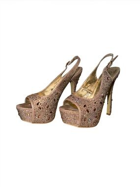 Crystal-Embellished Rose Gold Platform Slingback Heels